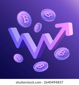 Up Arrow Growth Chart, Stock Market Graph with Money Gold Coin Element, Bitcoin. Profit Trade and Financial Increase, Economy Concept. Gradient Purple 3d Illustration Icon. Currency and Investment.