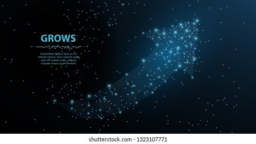 Arrow growth. Low poly wireframe mesh looks like constellation on night sky. Crumbled edge. Growth, success, direction symbol. Concept illustration or background.