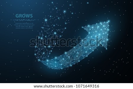 Arrow growth. Low poly wireframe mesh looks like constellation on night sky. Crumbled edge. Growth, success, direction symbol. Concept illustration or background.