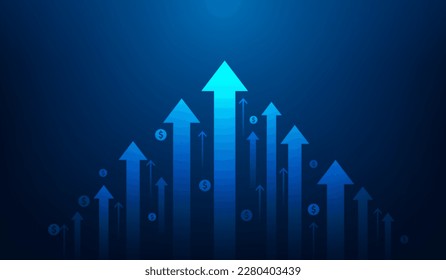 arrow growth profit investments technology on dark blue background. speed arrow up to success. stock market graph trading. vector illustration fantastic technology. 