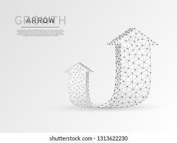 Arrow growth, success, team work sign. Two arrow goes up wireframe digital 3d illustration. Low poly colaboration concept with lines, dots on white background. Vector origami style polygonal RGB color