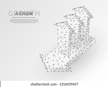Arrow growth, success, team work sign. Three arrows goes up from one arrow wireframe digital 3d Low poly collaboration concept with lines, dots on white background. Vector origami style polygonal RGB