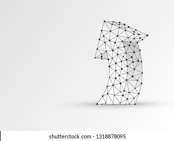 Arrow growth, success, team work abstract sign. One arrow goes up wireframe digital 3d illustration. Low poly collaboration concept with lines, dots on white background. Vector origami polygonal RGB