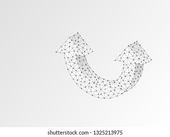 Arrow growth, success, team work sign. Two arrow goes up wireframe digital 3d illustration. Low poly colaboration concept with lines, dots on blue background. Vector origami style polygonal RGB color