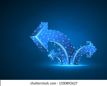 Arrow growth, success, team work sign. Three way direction wireframe digital 3d illustration. Low poly colaboration concept with lines, dots on blue background. Abstract Vector neon polygonal sign RGB