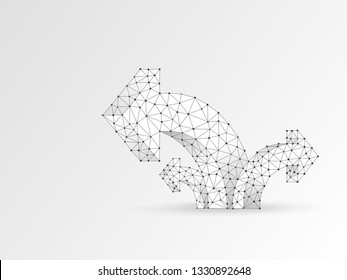 Arrow growth, success, team work sign. Three way direction wireframe digital 3d illustration. Low poly colaboration concept with lines, dots on blue background. Abstract Vector origami polygonal sign
