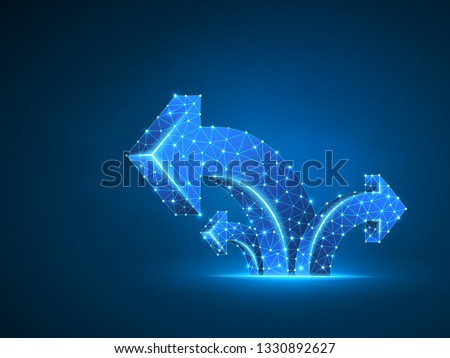 Arrow growth, success, team work sign. Three way direction wireframe digital 3d illustration. Low poly colaboration concept with lines, dots on blue background. Abstract Vector neon polygonal sign RGB