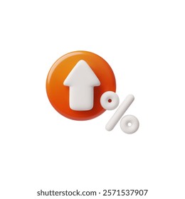 Arrow growth trend with percentage symbol on red circle 3D cartoon plastic style vector icon. Increase target planning, rate up. Business and financial chart graph, top direction pointer