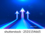 Arrow growth up, tech progress, digital success, night background blue purple color. Speed abstract futuristic effect with direction arrow up 