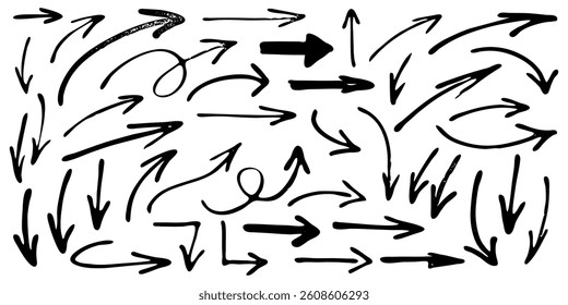 Arrow Grunge Elements Hand Drawn Vector Set. Abstract Brush Stroke Arrow Collection. Hand Drawn Elements for Trendy Modern Design. Not AI