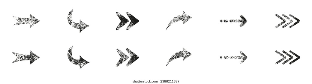Arrow Grunge Set. Next Direction Sign Ink Texture Collection. Right Pointer Rough Arrows Button. Black Grungy Orientation Icon. Navigation Marker. Isolated Vector Illustration.