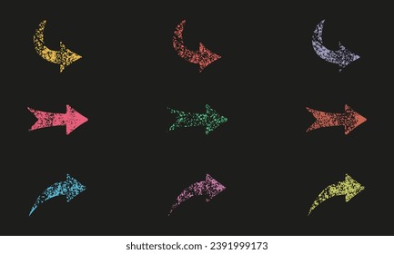 Arrow Grunge Set. Right Pointer, Grimy Rough Arrows Button Collection. Direction Color Sign With Ink Texture. Navigation Marker. Dirty Orientation Icon. Isolated Vector Illustration.