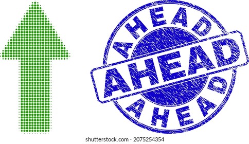 Icono de puntos de semitono hacia arriba y sello Ahead. Sello de sello texturizado redondo vector azul con mensaje Ahead dentro de forma redonda. El patrón de icono de flecha de semitono hacia arriba contiene elementos redondos.