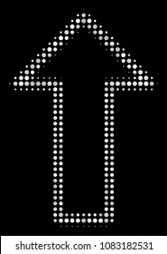 Arrow halftone vector icon. Illustration style is dot iconic arrow symbol on a black background. Halftone texture is build of round pixels.