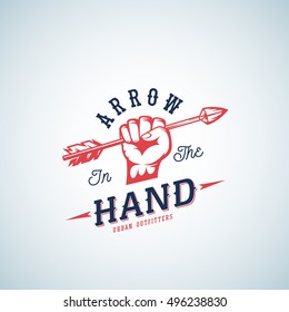 Arrow In The Hand Abstract Vector Logo Template. Red Fist Silhouette Symbol With Retro Typography. Isolated.