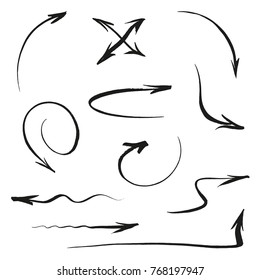 Arrow hand brushed set on white background. Hand made brush ink Ñ�alligraphy cursor. Vector illustration hand for user interface, web, print, infographic, presentation and applications.