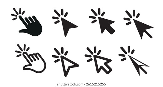 Arrow and hand click icons set. Vector illustration.