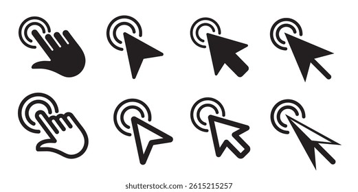 Arrow and hand click icons set. Vector illustration.