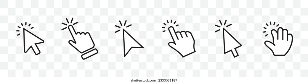 Arrow and hand computer cursor icon collection. Set of click cursor icons. Computer cursor symbol collection with arrow and hand