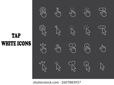 Arrow and hand cursor. Tap white line icons. Mouse click cursor set.