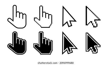 Arrow and hand cursors, pointer icons for web, computer. Vector pixel mouses with clicking finger set. Digital black and white buttons, symbols, sings for www link technology, website. Illustration.
