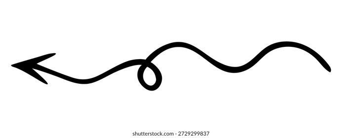 Seta mão desenhada doodle direção twist indicador, ponteiro scroll elemento.swirly vários interface dinâmica UI forma navegação cursor sinal. Símbolo minimalista de indicação de marca. Isolado. Vetor