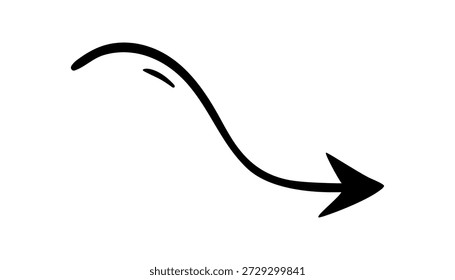 Arrow hand drawn doodle direction twist indicator, pointer scroll element. swirly various dynamic UI interface shape navigation cursor sign. Marker follow cue minimalistic symbol. Isolated. Vector