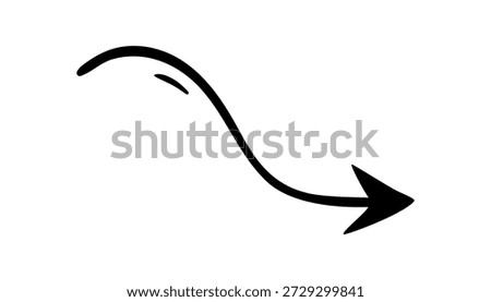 Arrow hand drawn doodle direction twist indicator, pointer scroll element. swirly various dynamic UI interface shape navigation cursor sign. Marker follow cue minimalistic symbol. Isolated. Vector