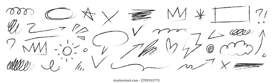 Conjunto de líneas dibujadas a mano de flecha. Elemento de línea de boceto de garabato en marcador negro dibujado a mano, estilo de trazo de lápiz. Flecha de curva decorativa, subrayado, garabato doodle rasguño Elementos de diseño. Ilustración vectorial