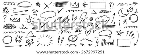 Arrow hand drawn line set. Scribble sketch line element in hand drawn black marker, pencil stroke style. Decorative curve arrow, underline, scribble doodle scratch design elements. Vector illustration