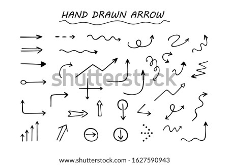 Arrow hand drawn set. The arrows are straight, intermittent, with rotation, circular, twisting, diagram, snake. Flat vector illustration isolated on white background.