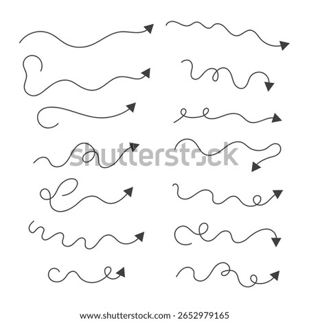 Arrow hand drawn set. The arrows are straight, intermittent, with rotation, circular, twisting, diagram, snake. Flat vector illustration isolated on white background.