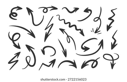 Arrow Hand Drawn Set with Curved, Zigzag and Swirl Shapes. Black Ink Doodle Arrows, Directional Pointers for Collage Emphasis, Infographics Creative Design Expressive Accent. Vector Illustration