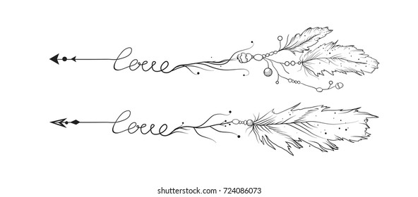 Arrow hand drawn set. Vector love lettering arrows collection in boho rustic style Linear beautiful ornate with curve dots vintage illustration. Decorative lovely pattern icon art selection for design