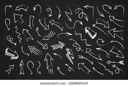 Arrow hand drawn white chalk doodle set on blackboard. Different shape spiral curved direction pointer symbol. Scribble grunge arrows up down left right. Swirl Sketch mark for education infographic