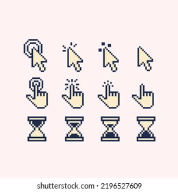 Bildröhre, Hand- und Stundenglaskunst. Cursor-Auflistung. Mauszeiger. 8-Bit-Sprite. Spielentwicklung, mobile App.  Einzige Vektorgrafik.