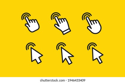 Arrow and hands click icons. Pointer vectors clicking.
