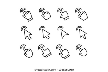 Arrow and hands click icons. Pointer vectors clicking.
