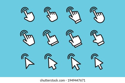 Arrow and hands click icons. Pointer vectors clicking.