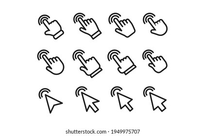 Flecha y haga clic con las manos en iconos. Vectores de puntero haciendo clic.