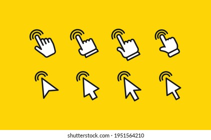 Arrow and hands click icons. Pointer vectors clicking.