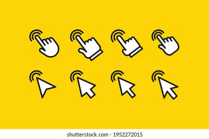 Arrow and hands click icons. Pointer vectors clicking.
