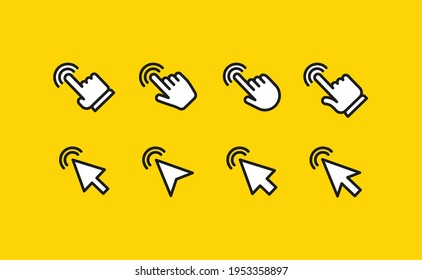 Arrow and hands click icons. Pointer vectors clicking.