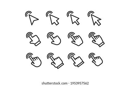Arrow and hands click icons. Pointer vectors clicking.