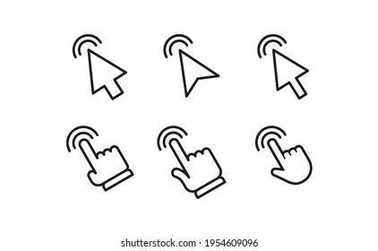 Arrow and hands click icons. Pointer vectors clicking.