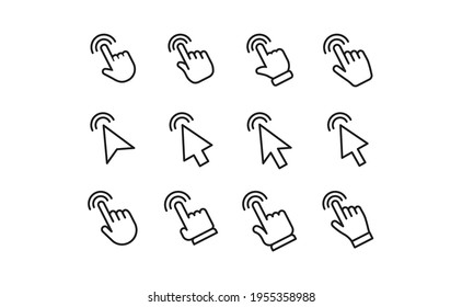 Arrow and hands click icons. Pointer vectors clicking.