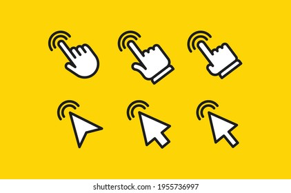 Arrow and hands click icons. Pointer vectors clicking.