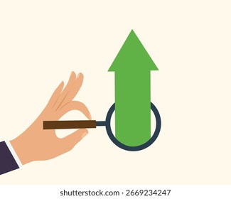 Up arrow. Hands with a magnifying glass to study grow upward