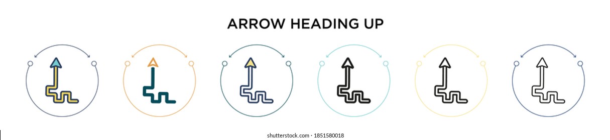 Arrow heading up icon in filled, thin line, outline and stroke style. Vector illustration of two colored and black arrow heading up vector icons designs can be used for mobile, ui, web