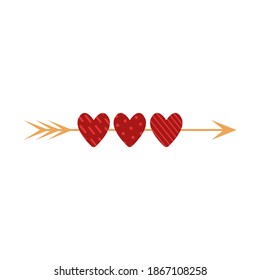 Arrow with heart in flat style. Valentine's day element. Angel's arrow for lovers. Design for prints and postcards. Vector stock illustration